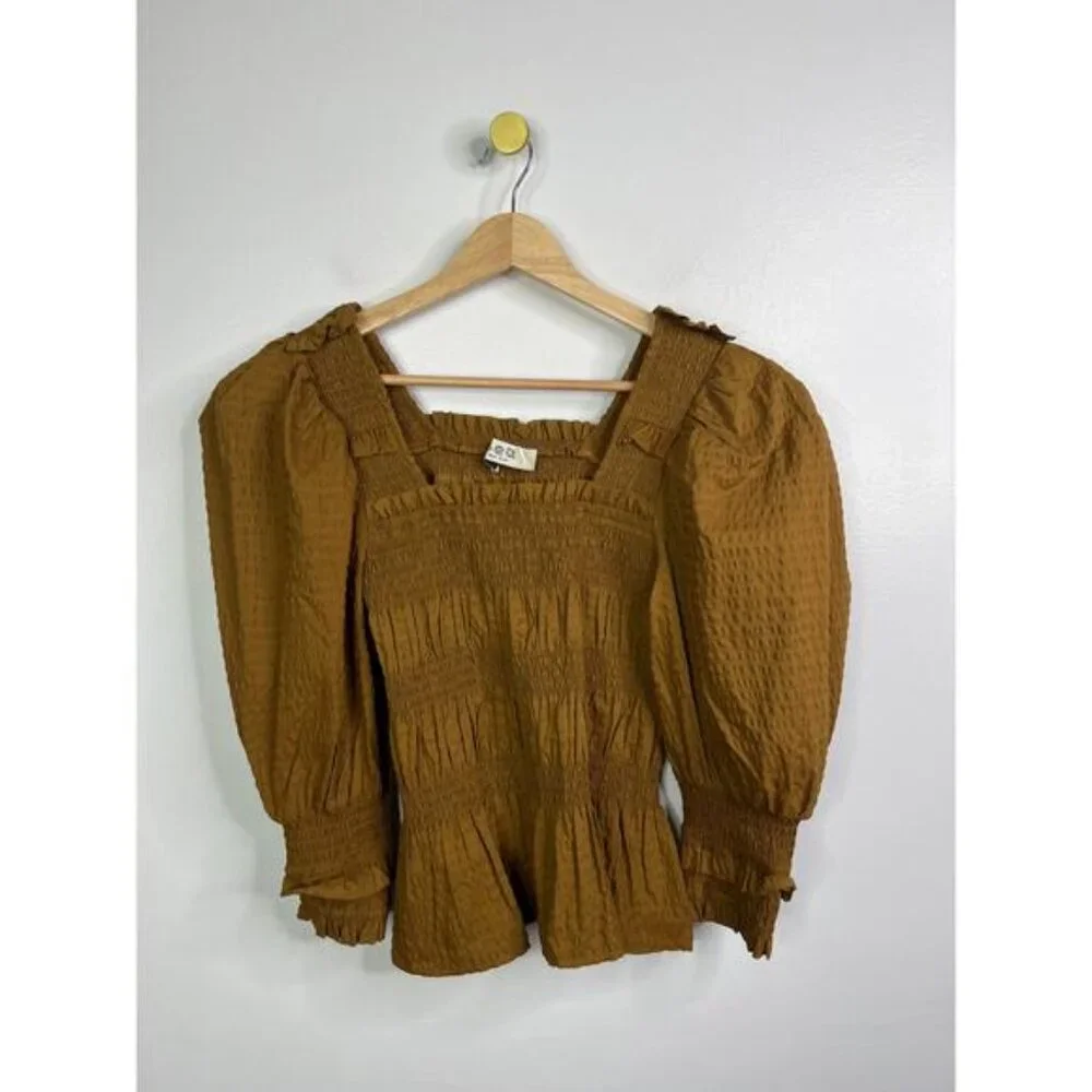 Sea New York Sevyn Solid Seersucker Long Sleeve Smocked Top Brown Size: XS NWOT